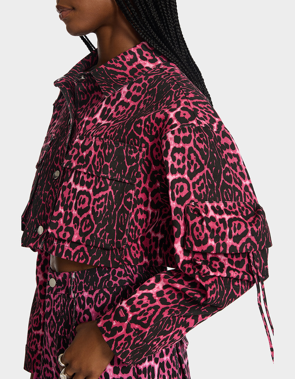 Betsey Johnson WILD IN PINK BUNDLE Women's Pink Leopard Cropped Jacket and Cargo Pant Set