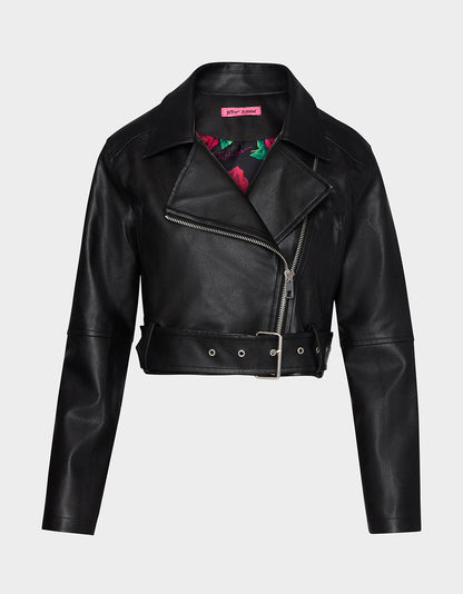Betsey Johnson REBEL ROSE JACKET BLACK Women's Leather Long-Sleeved Jacket