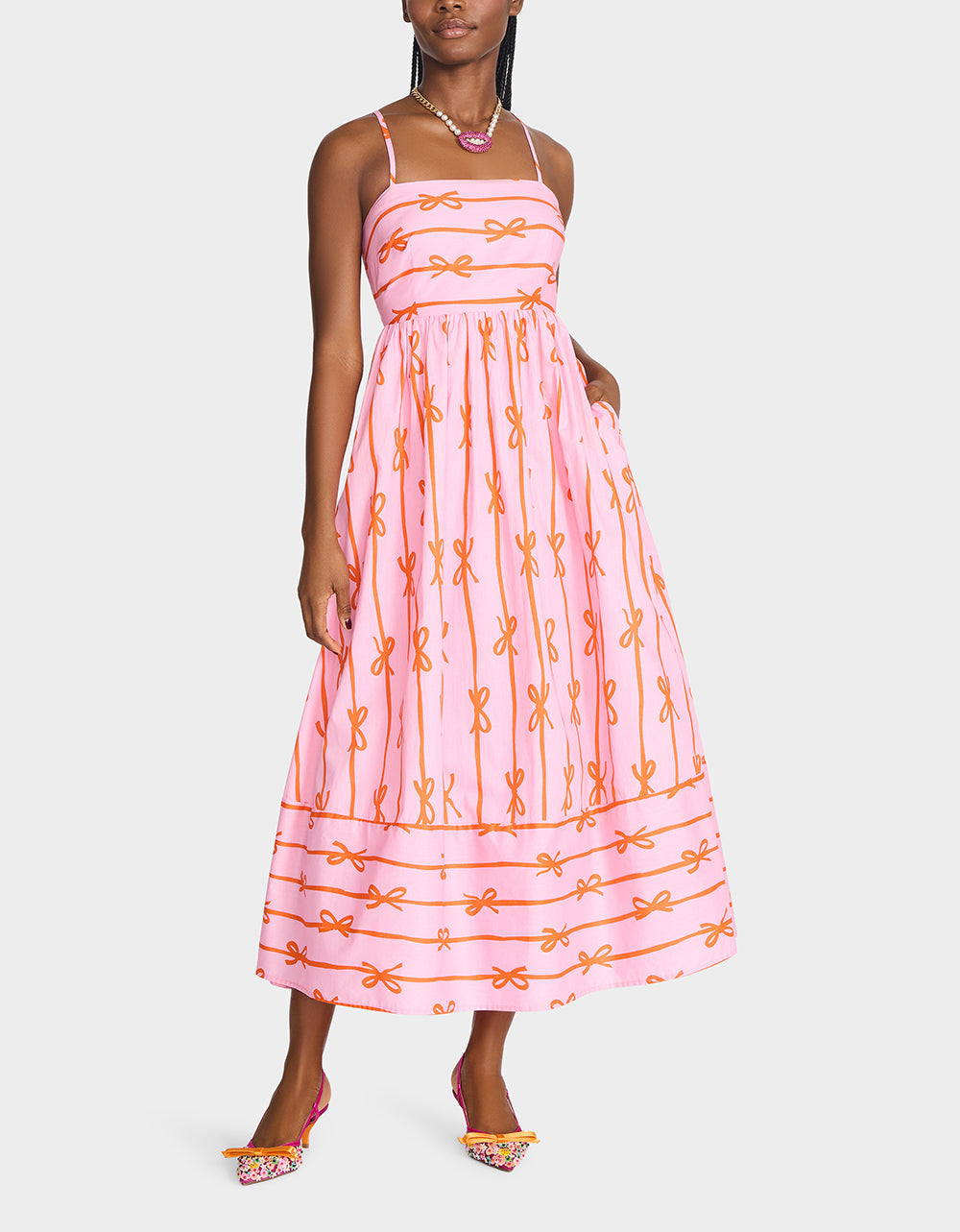 Betsey Johnson JORDY MAXI DRESS PINK MULTI Women's Flowy Bow Print Maxi Dress