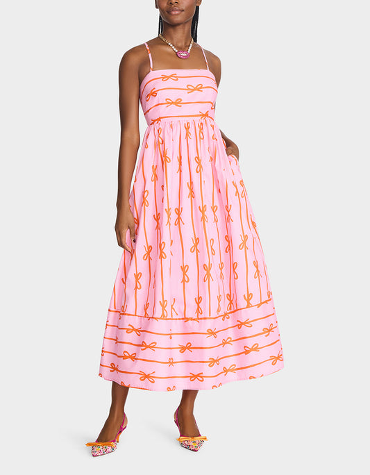 Betsey Johnson JORDY MAXI DRESS PINK MULTI Women's Flowy Bow Print Maxi Dress