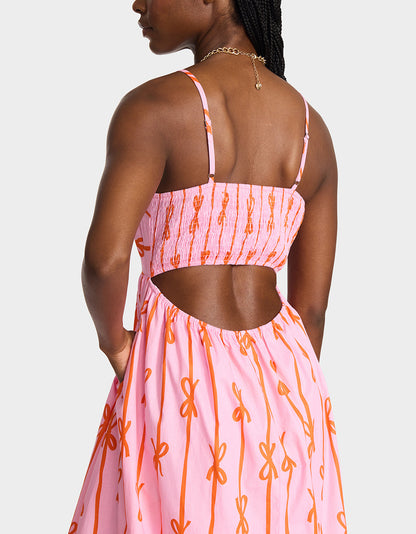 Betsey Johnson JORDY MAXI DRESS PINK MULTI Women's Flowy Bow Print Maxi Dress