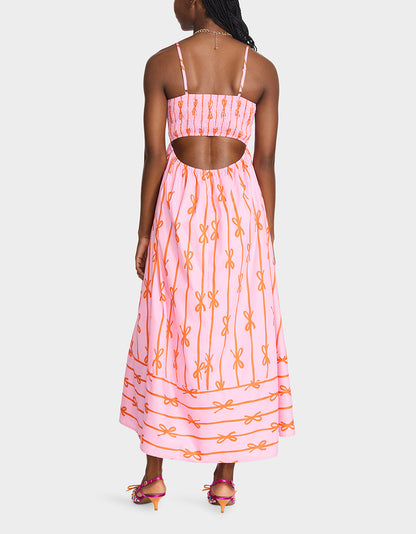 Betsey Johnson JORDY MAXI DRESS PINK MULTI Women's Flowy Bow Print Maxi Dress