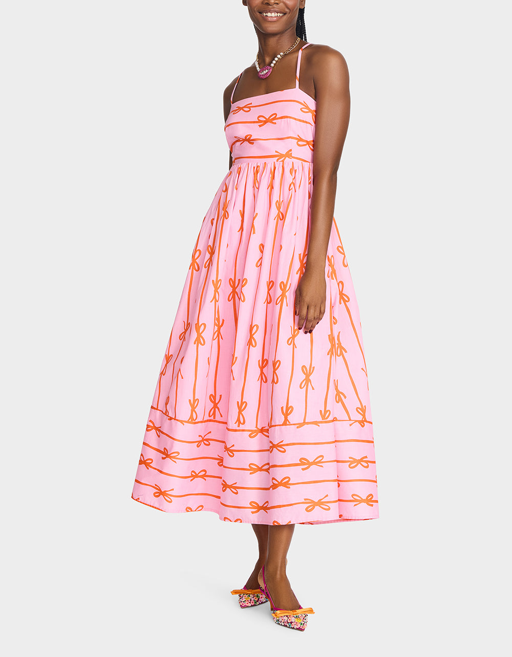 Betsey Johnson JORDY MAXI DRESS PINK MULTI Women's Flowy Bow Print Maxi Dress