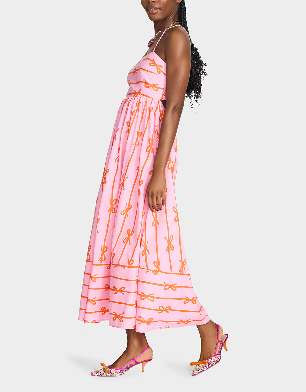 Betsey Johnson JORDY MAXI DRESS PINK MULTI Women's Flowy Bow Print Maxi Dress