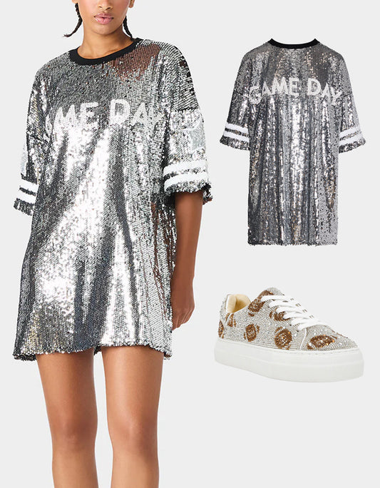 Betsey Johnson THE SPORTS FAN HOLIDAY BUNDLE Women's Game Day Sequin Jersey Dress and Sidny Football Rhinestone Sneaker