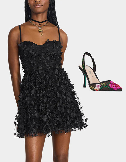 Betsey Johnson THE FLOWER CHILD HOLIDAY BUNDLE Women's Mini 3D Flower Dress Black and Floral Heel
