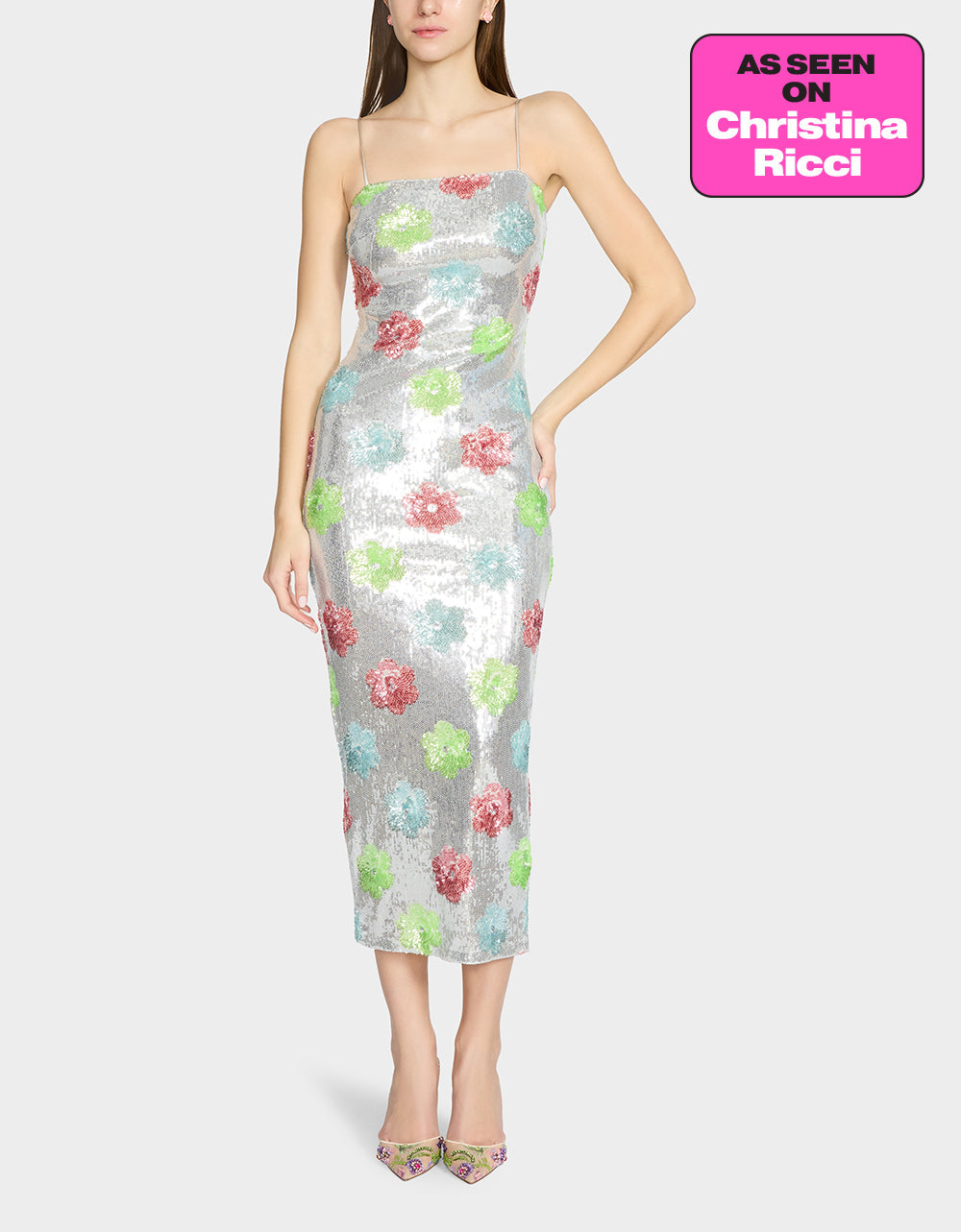Betsey Johnson SASSY SEQUIN DRESS SILVER MULTI Embellished Sequin Flower Maxi Dress
