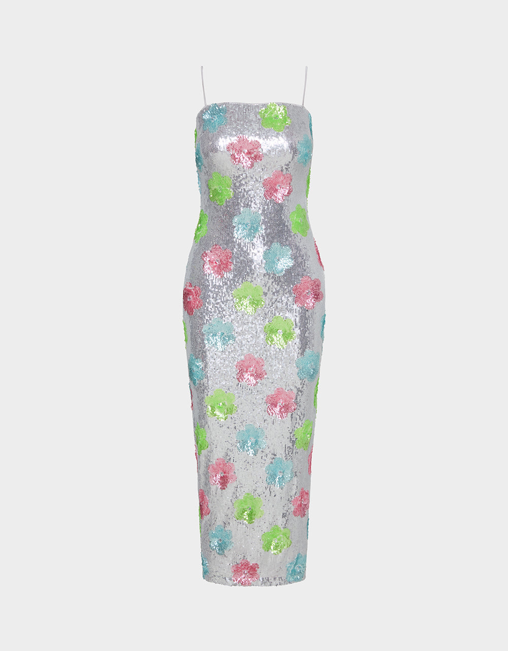 Betsey Johnson SASSY SEQUIN DRESS SILVER MULTI Embellished Sequin Flower Maxi Dress