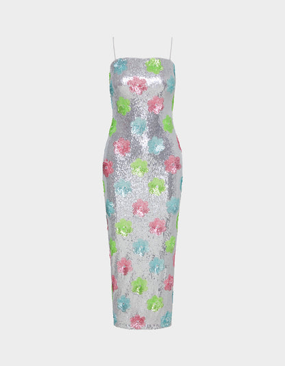 Betsey Johnson SASSY SEQUIN DRESS SILVER MULTI Embellished Sequin Flower Maxi Dress