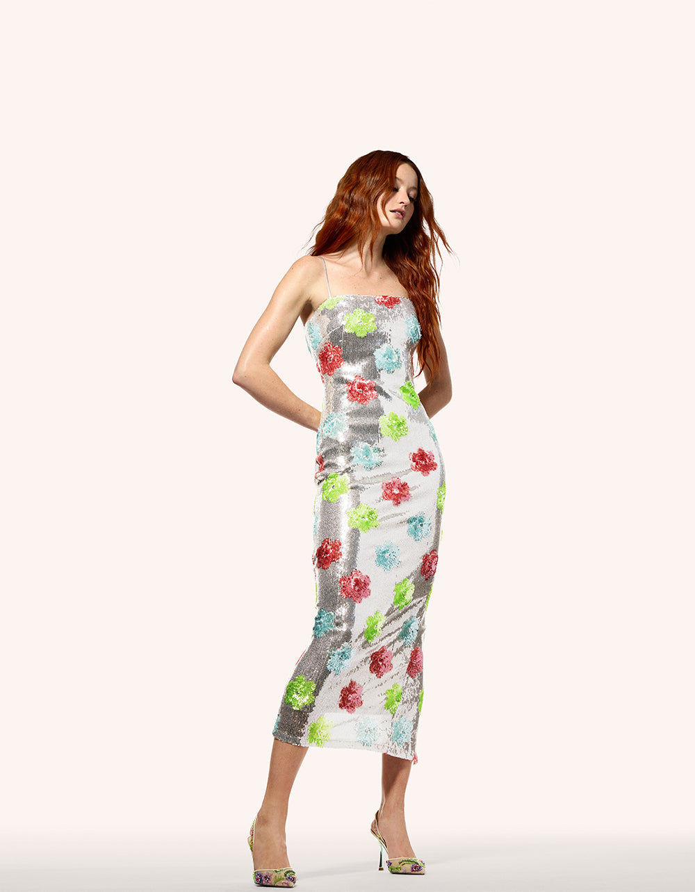 Betsey Johnson SASSY SEQUIN DRESS SILVER MULTI Embellished Sequin Flower Maxi Dress