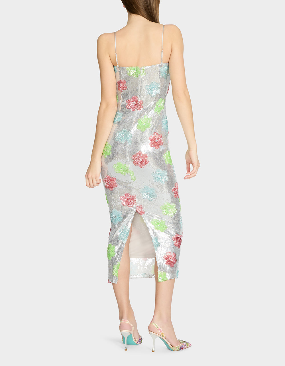 Betsey Johnson SASSY SEQUIN DRESS SILVER MULTI Embellished Sequin Flower Maxi Dress
