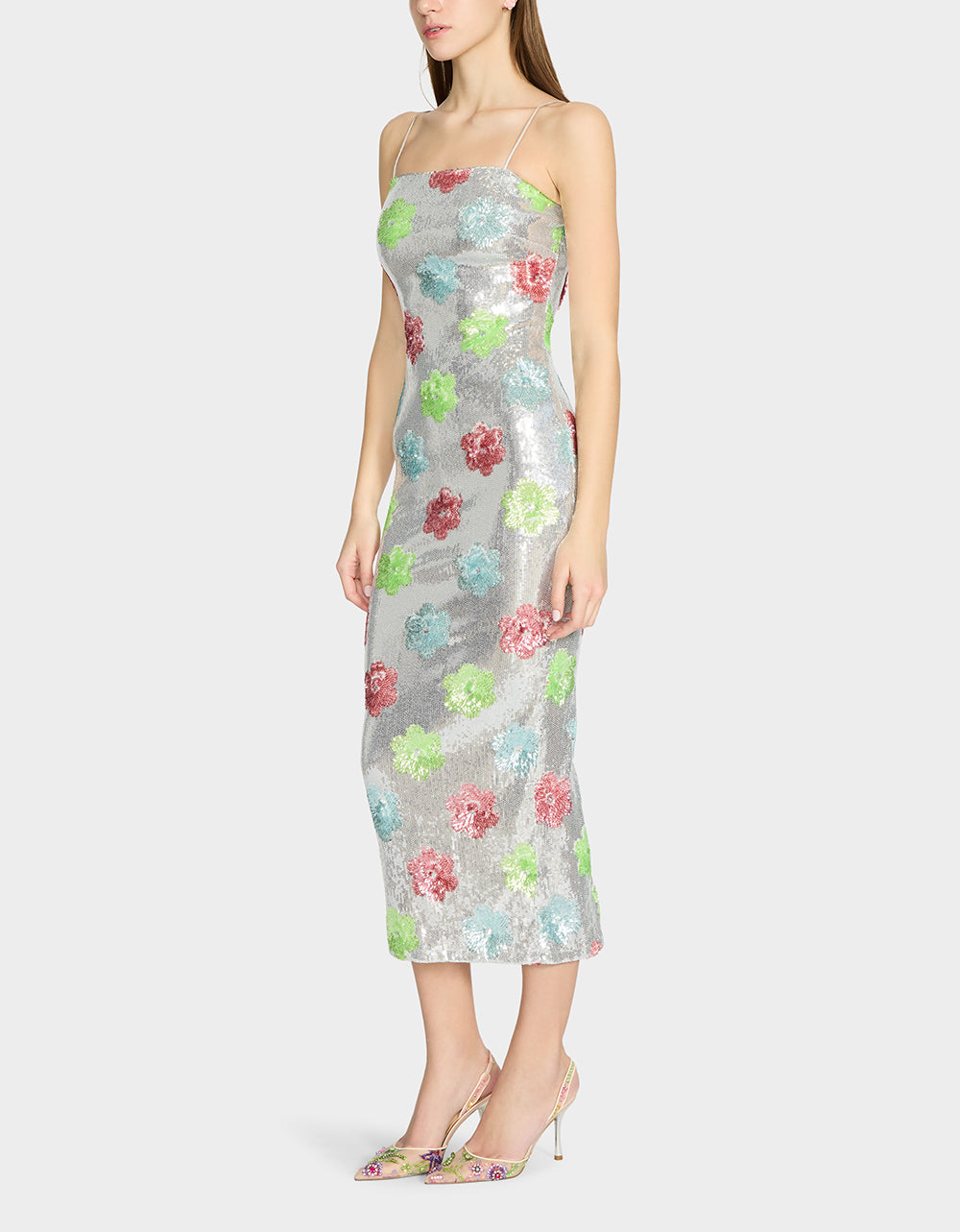 Betsey Johnson SASSY SEQUIN DRESS SILVER MULTI Embellished Sequin Flower Maxi Dress