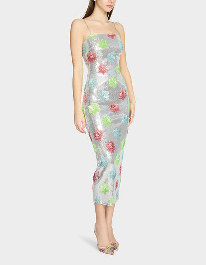 Betsey Johnson SASSY SEQUIN DRESS SILVER MULTI Embellished Sequin Flower Maxi Dress