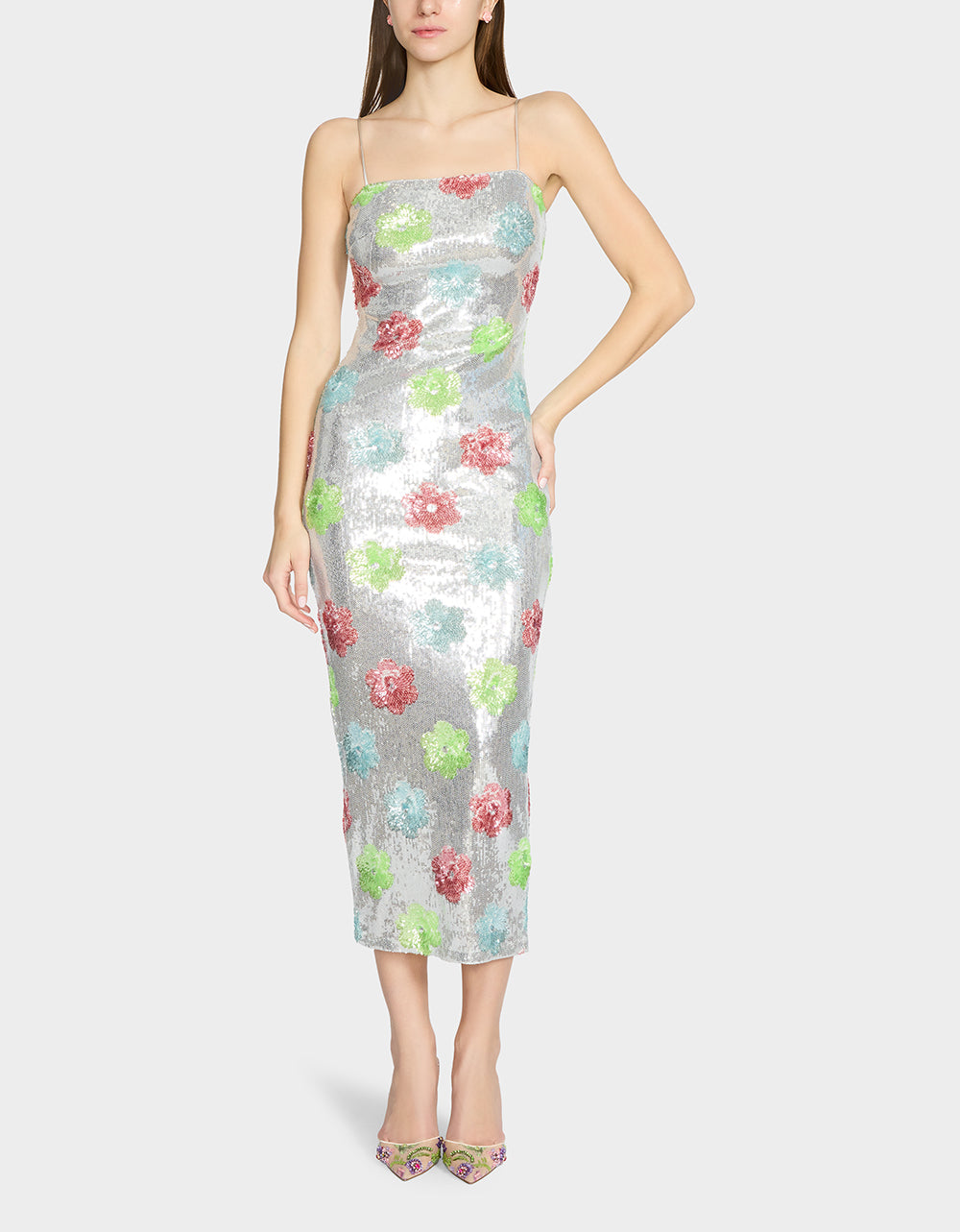 Betsey Johnson SASSY SEQUIN DRESS SILVER MULTI Embellished Sequin Flower Maxi Dress