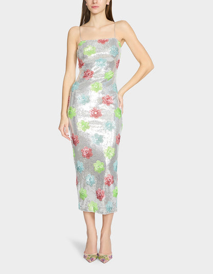 Betsey Johnson SASSY SEQUIN DRESS SILVER MULTI Embellished Sequin Flower Maxi Dress