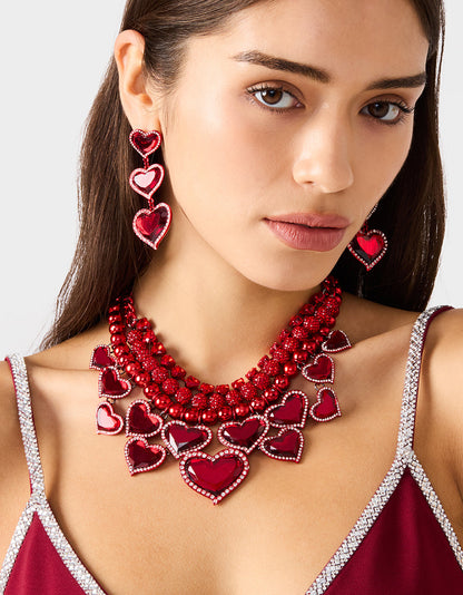 Betsey Johnson LOVE SPELL BIB NECKLACE RED Women's Valentines' Day Layered Heart Bib Necklace