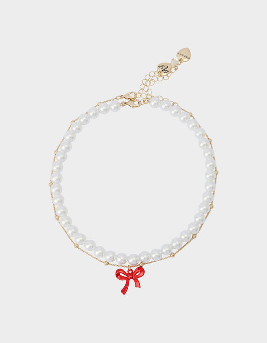 Betsey Johnson PEARL BOW NECLAKCE SET RED Women's Pearl Bow Valentine's Day Necklace Set
