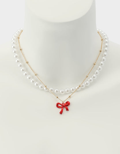 Betsey Johnson PEARL BOW NECLAKCE SET RED Women's Pearl Bow Valentine's Day Necklace Set