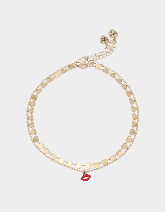 Betsey Johnson LIPS NECKLACE SET RED Women's Gold Heart Chain Lip Valentine's Day Necklace Set