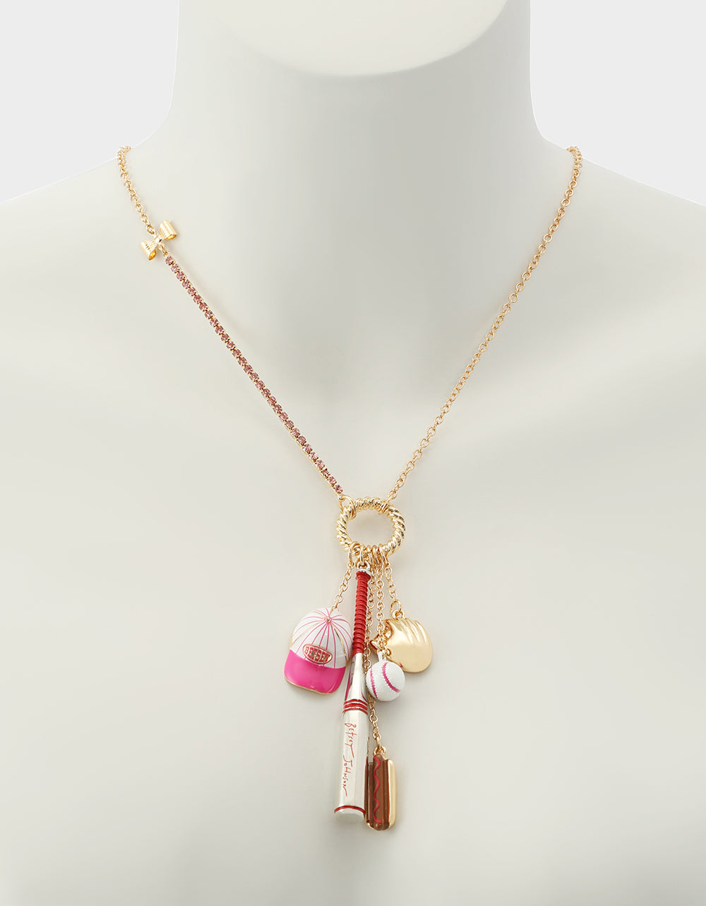 Betsey Johnson BASEBALL CHARM PENDANT NECKLACE PINK Sports-Themed Rhinestone Women's Necklace