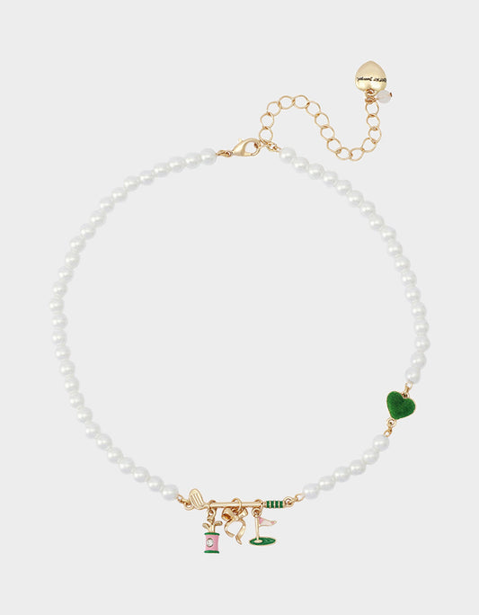 Betsey Johnson GOLF FRONTAL NECKLACE GREEN Women's Sports-Themed Golf Pearl Necklace