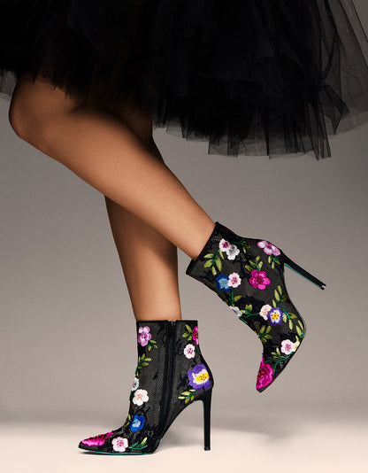 Betsey Johnson ANITA BLACK MULTI FLORAL Pointed-Toe Heeled Ankle Boot
