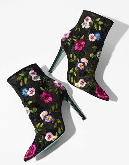 Betsey Johnson ANITA BLACK MULTI FLORAL Pointed-Toe Heeled Ankle Boot