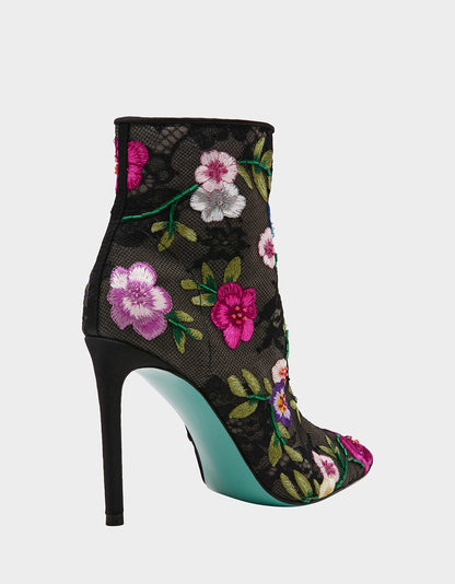 Betsey Johnson ANITA BLACK MULTI FLORAL Pointed-Toe Heeled Ankle Boot
