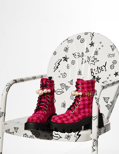 Betsey Johnson JONNIE FUCHSIA MULTI Lace-Up Platform Combat Women's Ankle Boot