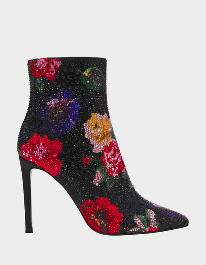 Betsey Johnson BELLE BLACK FLOWER MULTI Women's Rhinestone Pointed Toe Ankle Bootie