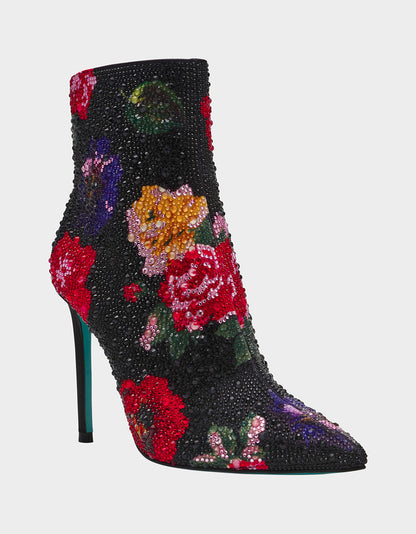 Betsey Johnson BELLE BLACK FLOWER MULTI Women's Rhinestone Pointed Toe Ankle Bootie