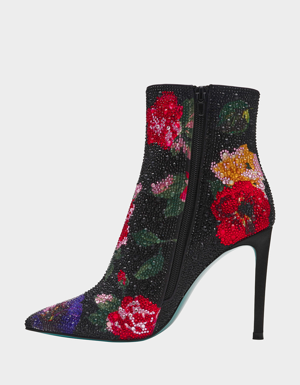 Betsey Johnson BELLE BLACK FLOWER MULTI Women's Rhinestone Pointed Toe Ankle Bootie