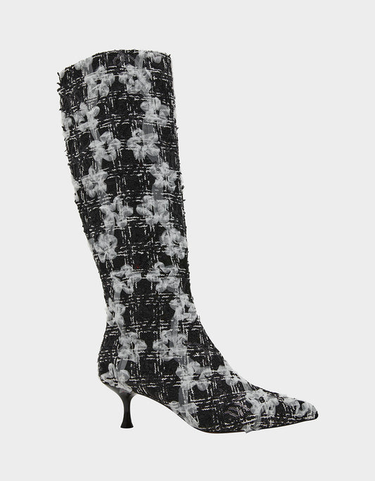 Betsey Johnson MAXXINE BLACK WHITE MULTI Pointed-Toe Knee-High Kitten Heel Women's Boot