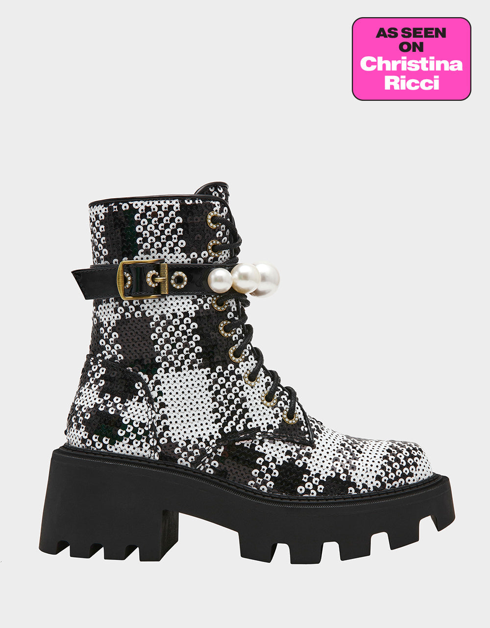Betsey Johnson JONNIE BLACK WHITE PLAID Lace-Up Platform Combat Women's Ankle Boot