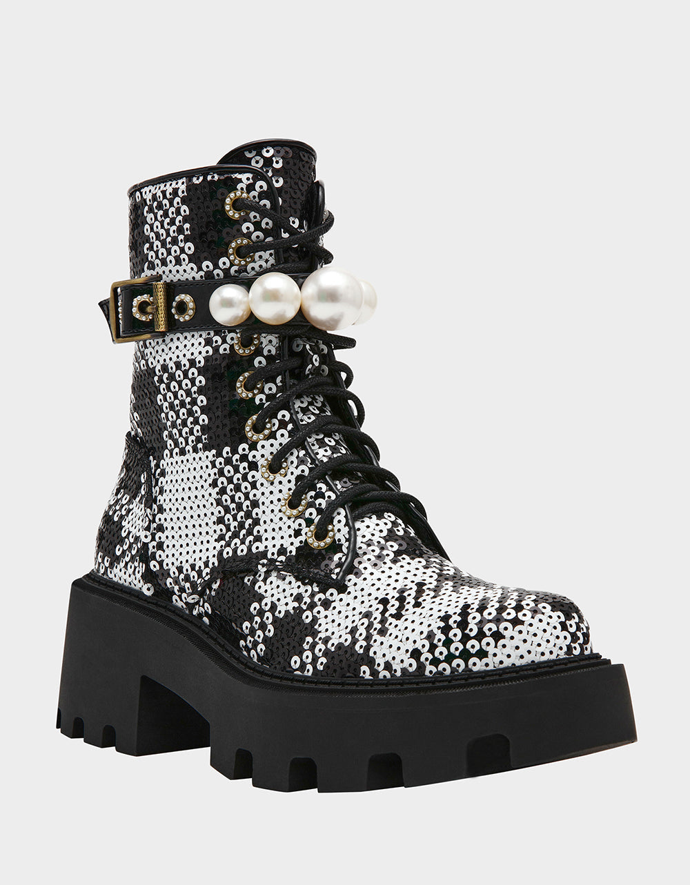 Betsey Johnson JONNIE BLACK WHITE PLAID Lace-Up Platform Combat Women's Ankle Boot