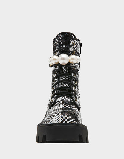 Betsey Johnson JONNIE BLACK WHITE PLAID Lace-Up Platform Combat Women's Ankle Boot