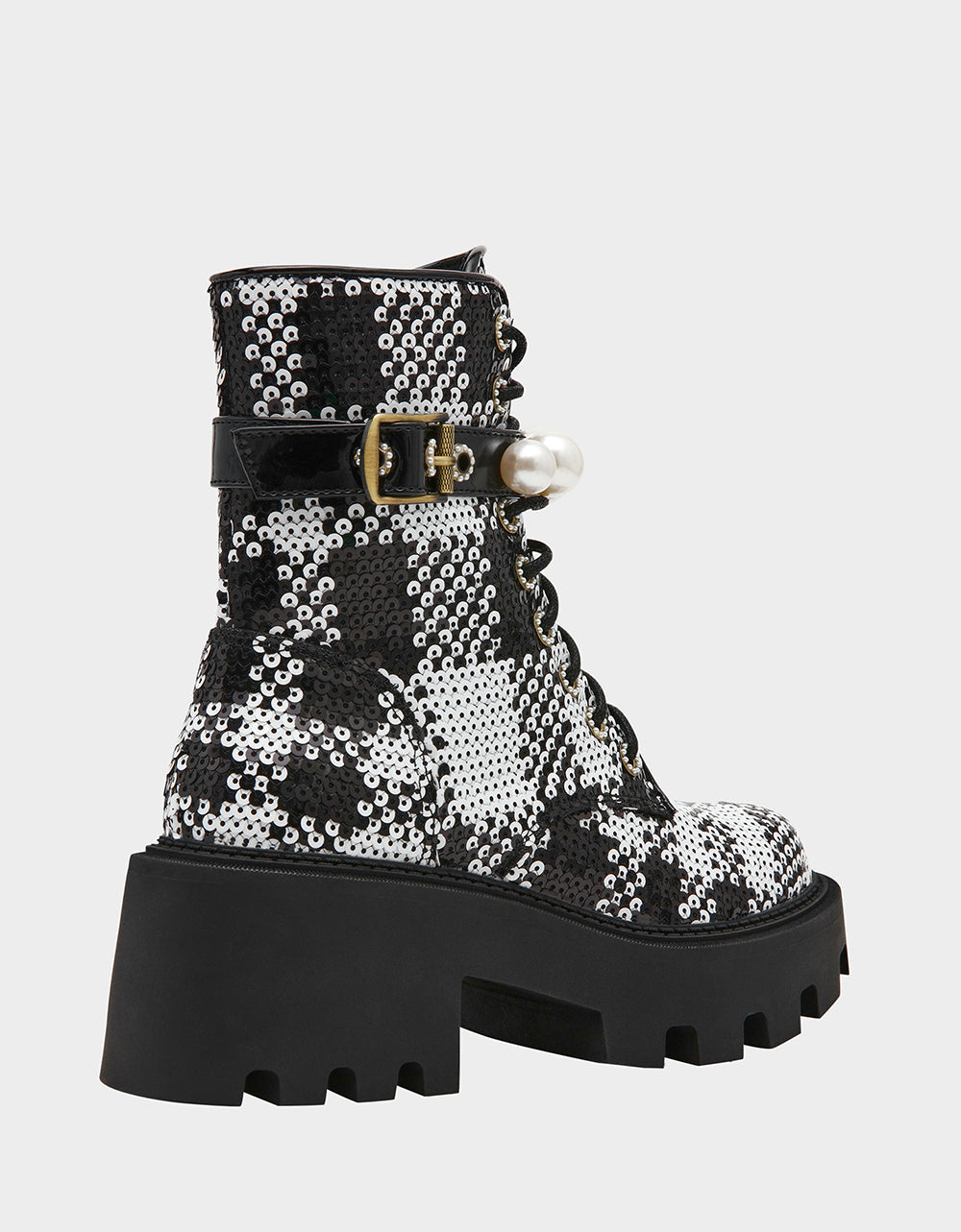Betsey Johnson JONNIE BLACK WHITE PLAID Lace-Up Platform Combat Women's Ankle Boot