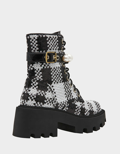 Betsey Johnson JONNIE BLACK WHITE PLAID Lace-Up Platform Combat Women's Ankle Boot