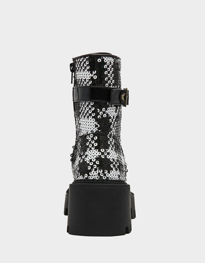 Betsey Johnson JONNIE BLACK WHITE PLAID Lace-Up Platform Combat Women's Ankle Boot
