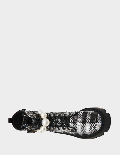 Betsey Johnson JONNIE BLACK WHITE PLAID Lace-Up Platform Combat Women's Ankle Boot