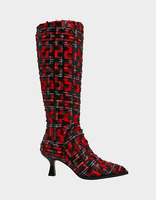 Betsey Johnson PAMELLA RED PLAID Women's Knee High Kitten Heel Boot with Pointed Toe