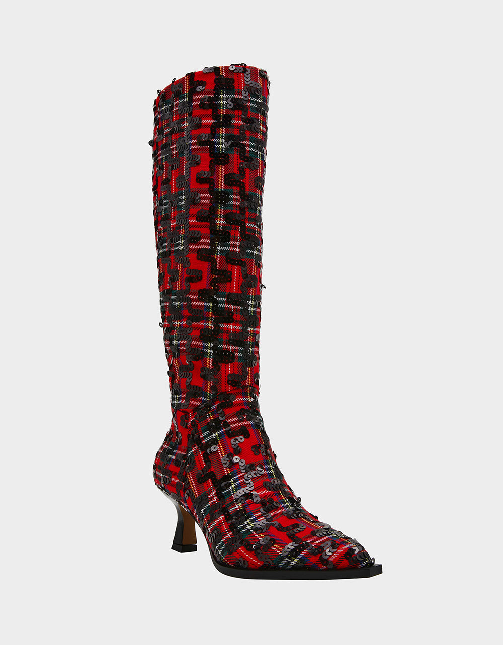 Betsey Johnson PAMELLA RED PLAID Women's Knee High Kitten Heel Boot with Pointed Toe