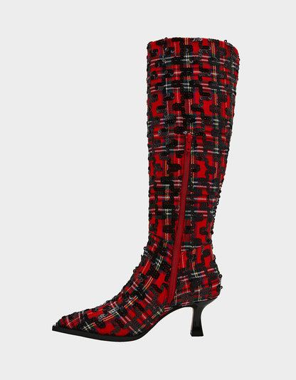 Betsey Johnson PAMELLA RED PLAID Women's Knee High Kitten Heel Boot with Pointed Toe