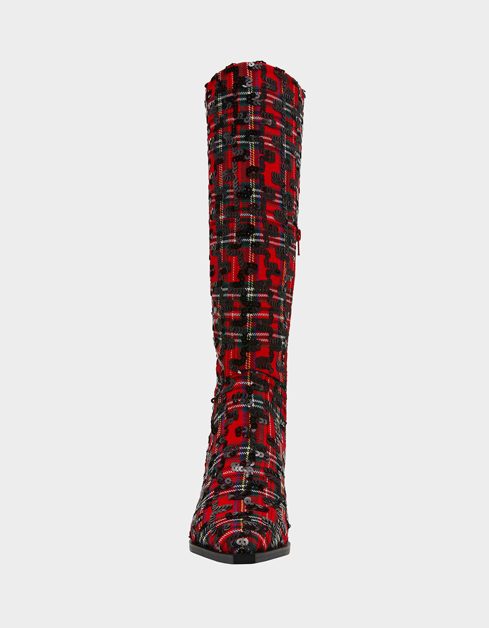 Betsey Johnson PAMELLA RED PLAID Women's Knee High Kitten Heel Boot with Pointed Toe