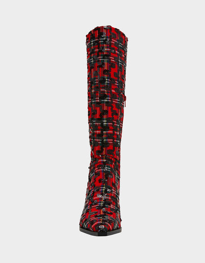 Betsey Johnson PAMELLA RED PLAID Women's Knee High Kitten Heel Boot with Pointed Toe