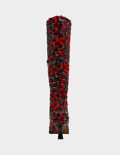 Betsey Johnson PAMELLA RED PLAID Women's Knee High Kitten Heel Boot with Pointed Toe