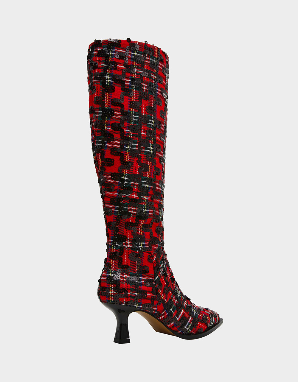 Betsey Johnson PAMELLA RED PLAID Women's Knee High Kitten Heel Boot with Pointed Toe