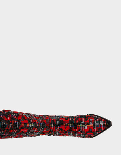Betsey Johnson PAMELLA RED PLAID Women's Knee High Kitten Heel Boot with Pointed Toe