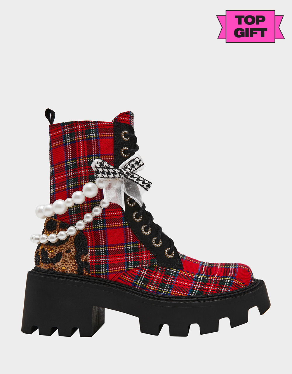 Betsey Johnson HARIETT RED PLAID Platform Lace-Up Lug Combat Pearl Women's Ankle Boot
