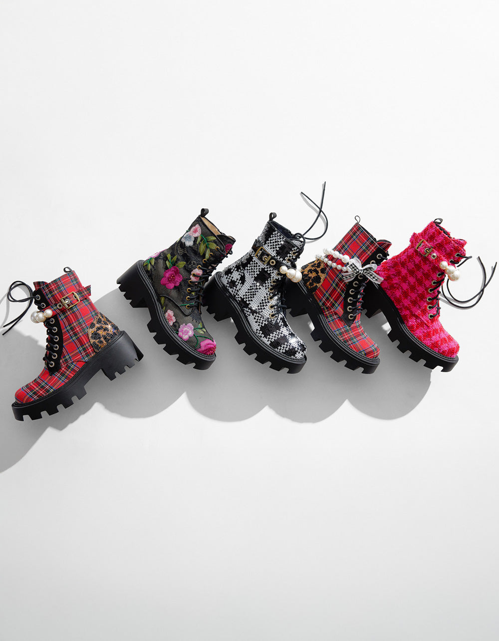Betsey Johnson HARIETT RED PLAID Platform Lace-Up Lug Combat Pearl Women's Ankle Boot